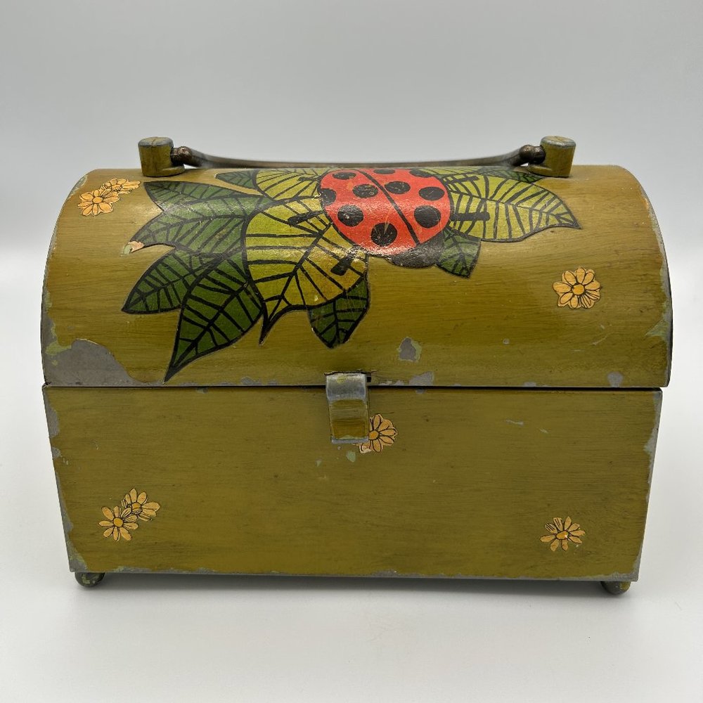 Vintage 1950's Green Metal Box Metal Handle Purse Evening Bag Lady Bug VTG